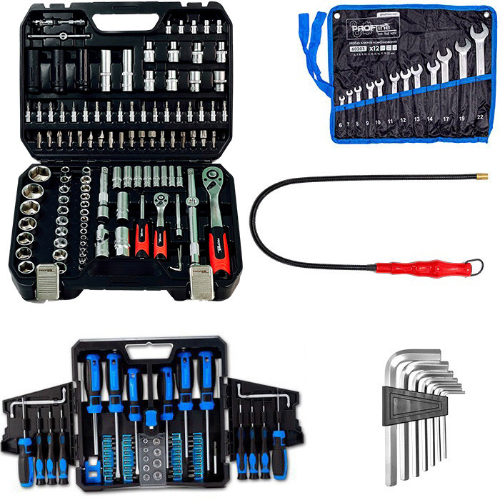 Набір інструментів 5в1(набір 111од + набір викруток,бит,головок 63од + шecтигpaнникі 7oд + ключі 12од + магніт)Profline 61085-215