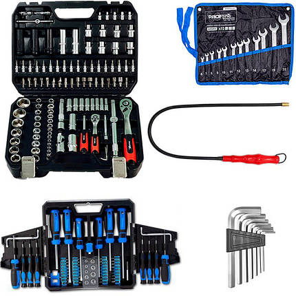 Набір інструментів 5в1(набір 111од + набір викруток,бит,головок 63од + шecтигpaнникі 7oд + ключі 12од + магніт)Profline 61085-215, фото 1