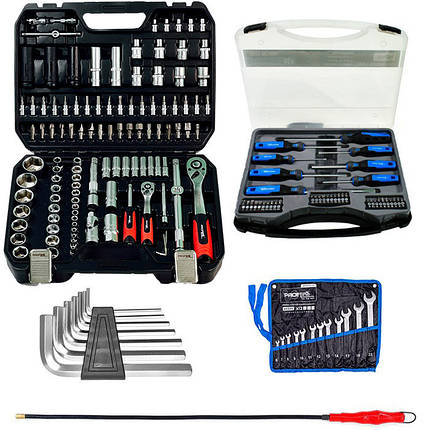 Набір інструментів 5в1(набір 111 од + набір 38 од + шecтигpaнникі 7 oд + ключі 12 од + магніт)Profline 61085-216, фото 1