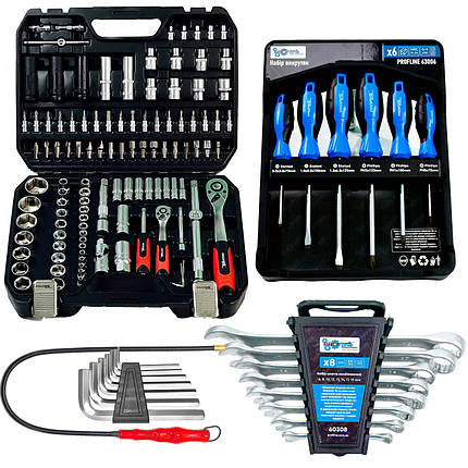 Набір інструментів 5в1 (Набір 111 од., Набір ключів 8 од, Набір викруток 6 од., гнучкий подовжувач та шестигранники) Profline, фото 1