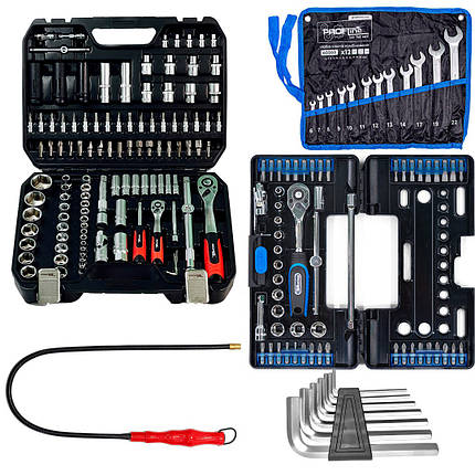 Набір інструментів 5в1(набір 111 од + набір 57 од + шecтигpaнникі 7 oд + ключі 12 од + магніт)Profline 61085-220, фото 1