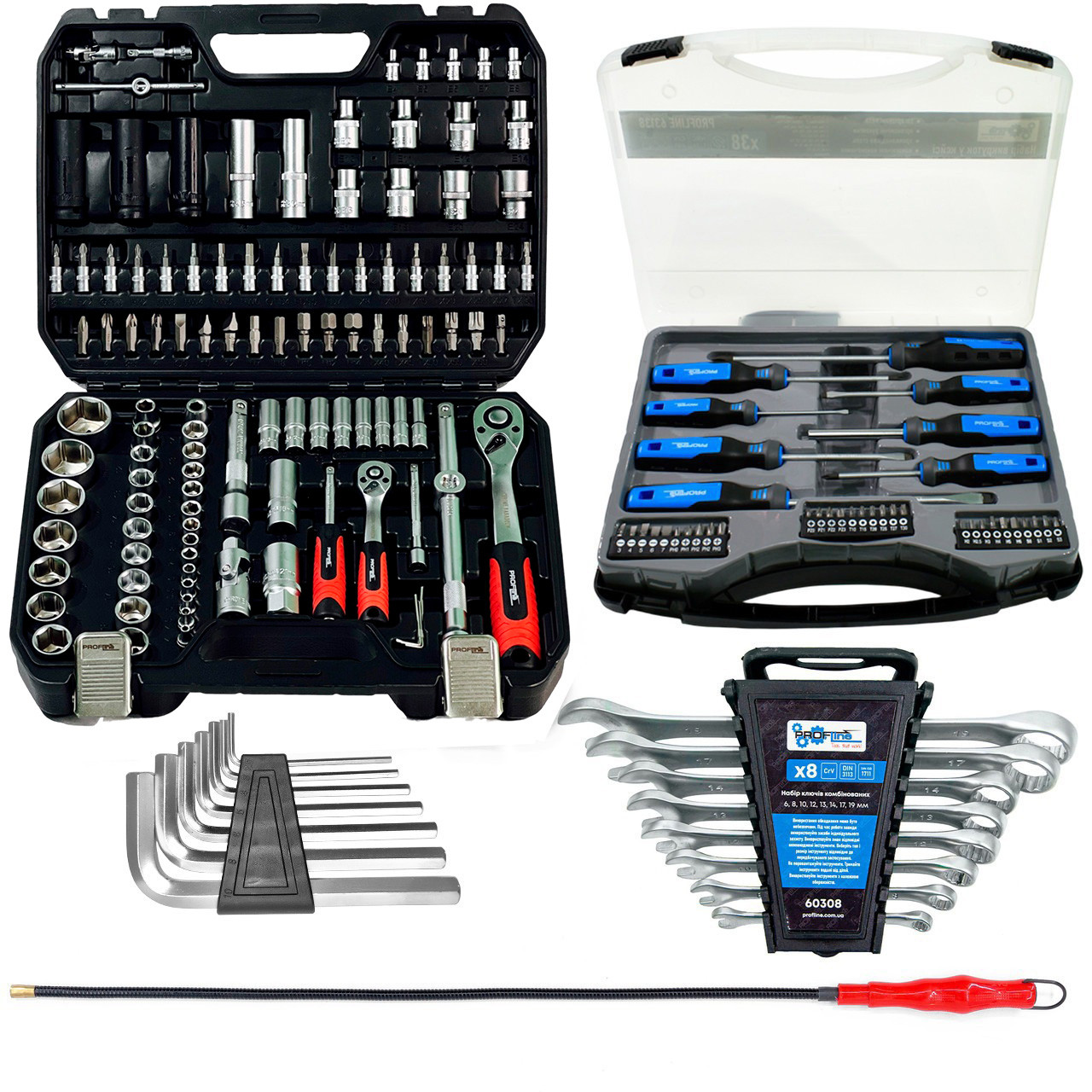 Набір інструментів 5в1 (набір 111 од + ключі 8 од + набір 38 од + шecтигpaнникі 7oд + магніт)Profline 61085-226