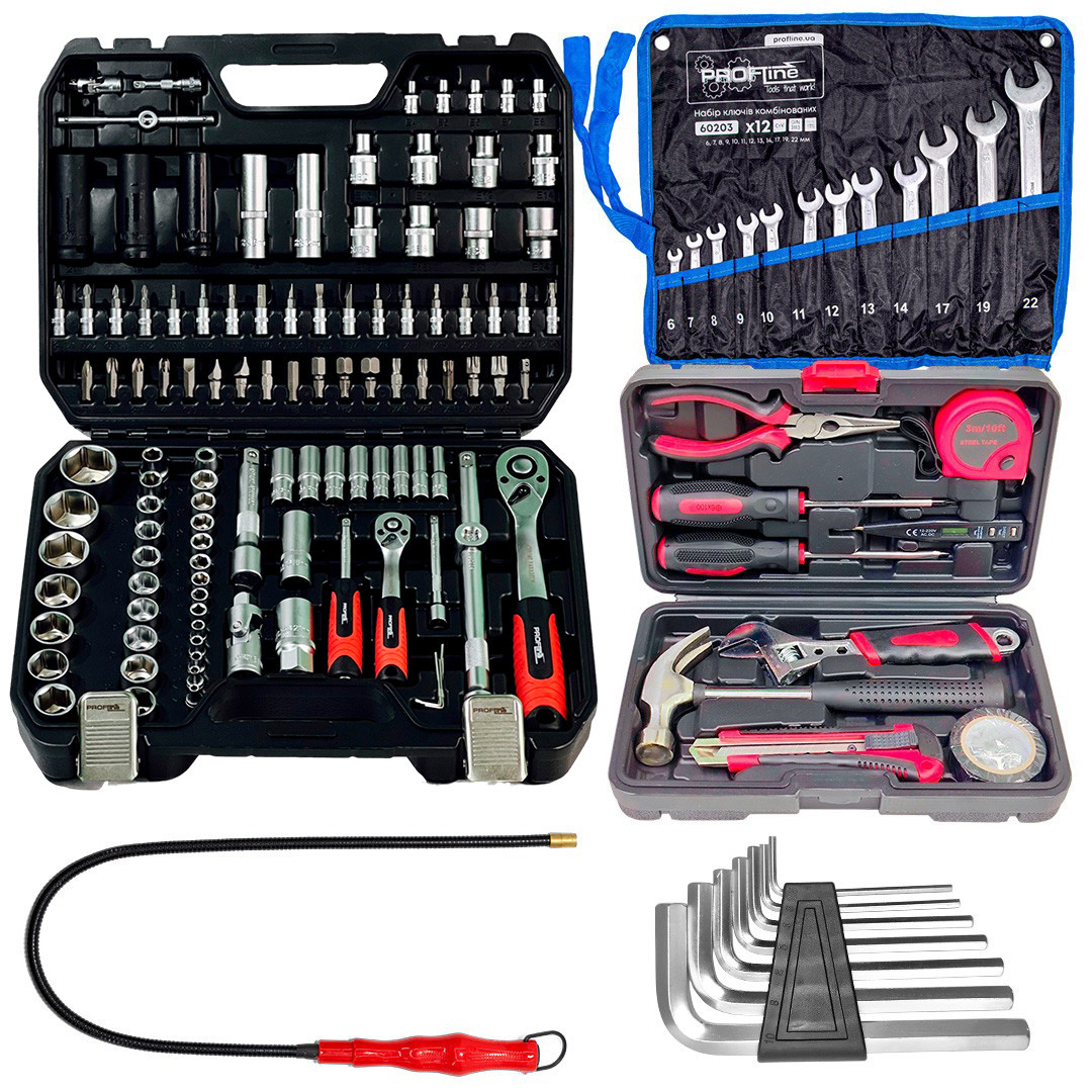 Набір інструментів 5в1 (набір 111 од + набір слюсарний 10 од + шecтигpaнників 7 oд. + ключі 12 од + магніт) Profline 61085-308