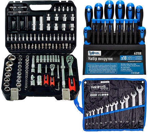 Набір інструментів 3в1 (набір 111 од + набір ключів 12 од + набір викруток 18 од) Profline 61085-311, фото 1