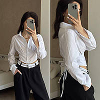 Женская белая укороченная рубашка коттоновая с длинным рукавом на завязках сзади