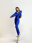 Комбінезон жіночий в рубчик для фітнесу та тренувань синій з лосинами фітнес-костюм з рукавами та закритою спиною, фото 3
