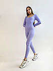 Комбінезон жіночий в рубчик для фітнесу та тренувань синій з лосинами фітнес-костюм з рукавами та закритою спиною, фото 8