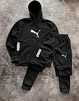 Чоловічий чорний спортивний костюм Puma зимовий тринитка на флісі двійка, Теплий костюм Пума чорного кольору на зиму Худі та Штани