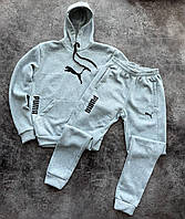 Чоловічий сірий спортивний костюм Puma зимовий тринитка на флісі двійка, Теплий костюм Пума сірого кольору на зиму Худі та Штани