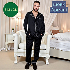 Чоловіча шовкова піжама сорочка та штани на ґудзиках чорна з кишенями Шовковий домашній чоловічий комплект