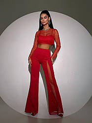 Жіночий костюм топ і прямі брюки з сіткою і стразами Db6189
