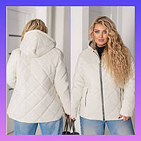 Жіноча коротка демісезонна куртка батал молочного кольору стьобана з капюшоном