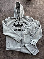 Чоловічий сірий спортивний костюм Adidas зимовий тринитка на флісі двійка, Теплий костюм Адідас сірого кольору на зиму Худі Штани