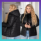 Жіноча коротка демісезонна куртка батал чорного кольору стьобана з капюшоном