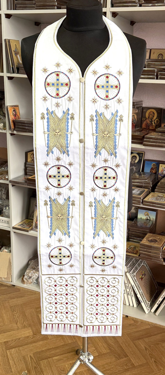 Єпитрахиль із оксамиту білого кольору 124 см, фото 1