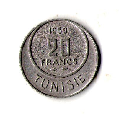 Туніс › Французький протекторат 20 франків, 1950-1957 Мідно-нікелевий сплав, 5.65g, ø 23mm №2466, фото 1