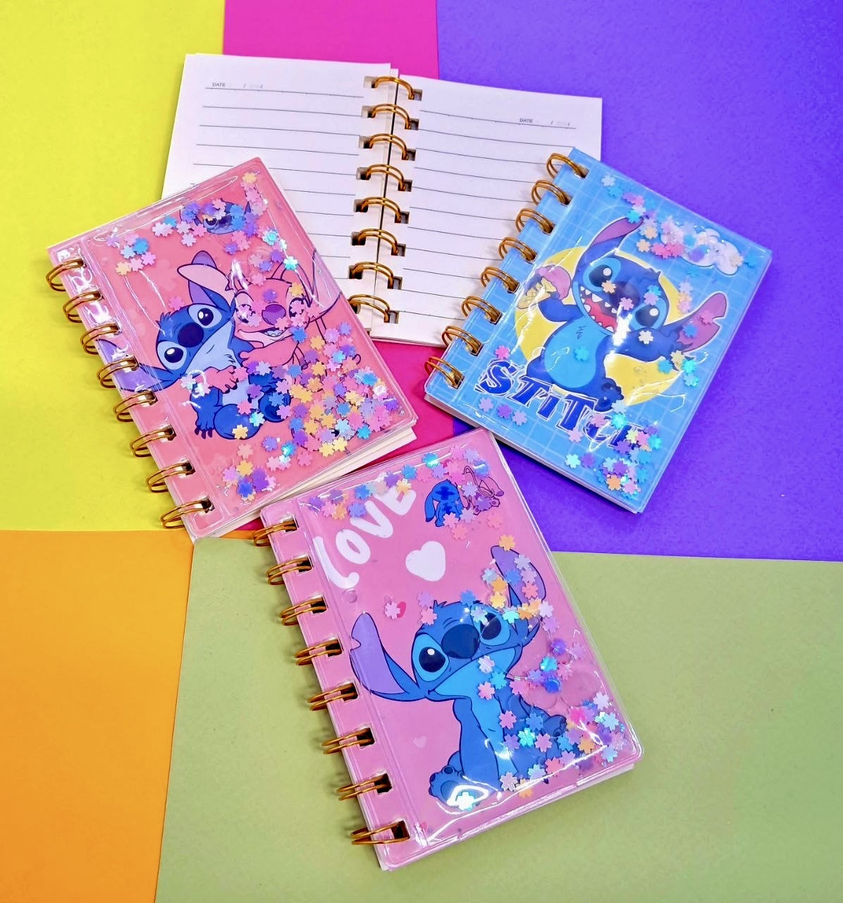 Блокнот на спіралі 7.5*10.5 см плавальні блискітки Стіч, фото 1