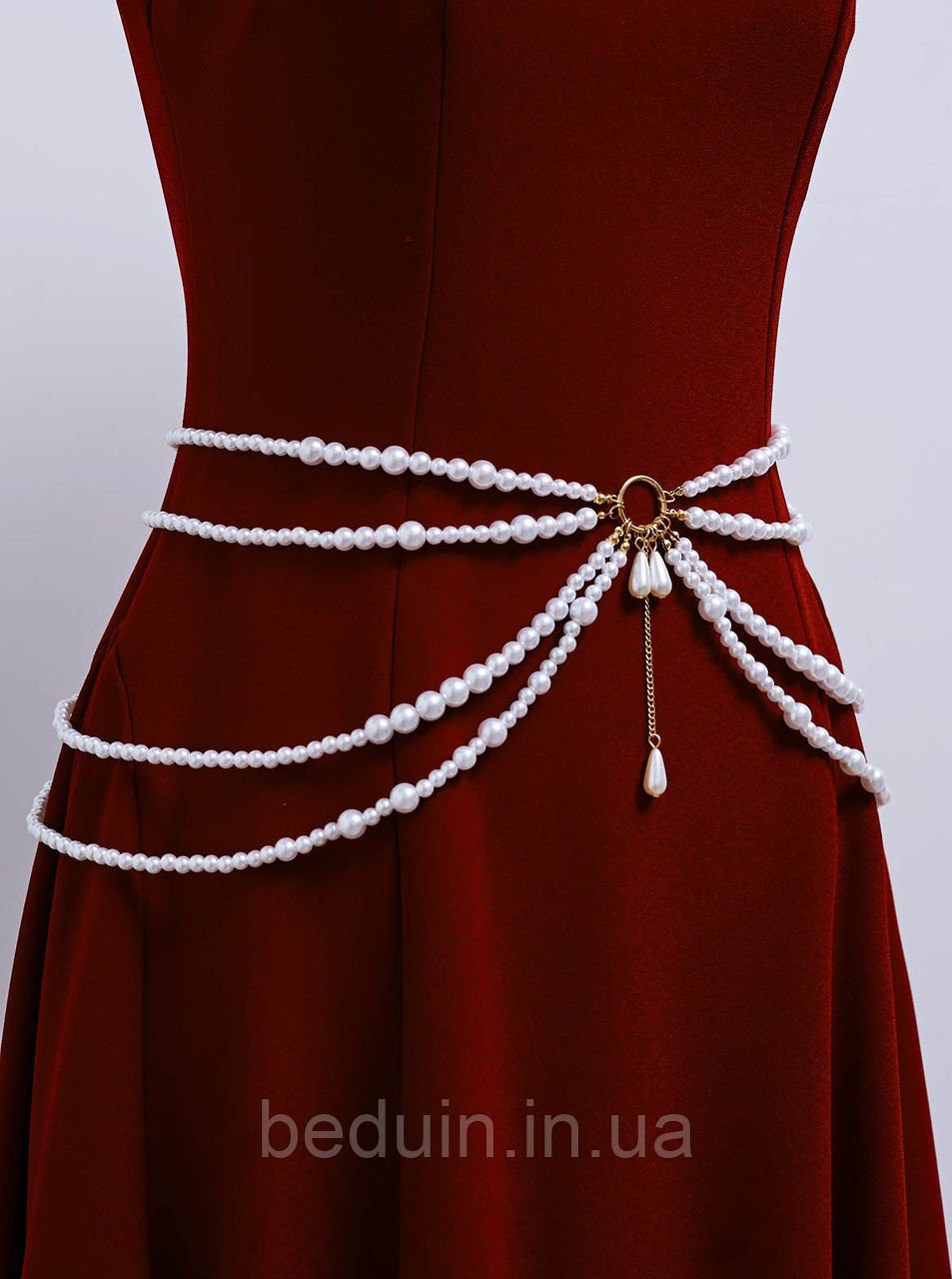 Перлинний багатошаровий пояс "Perlina" ланцюг на талію з перлин для сукні - золотистий Aushal Jewellery