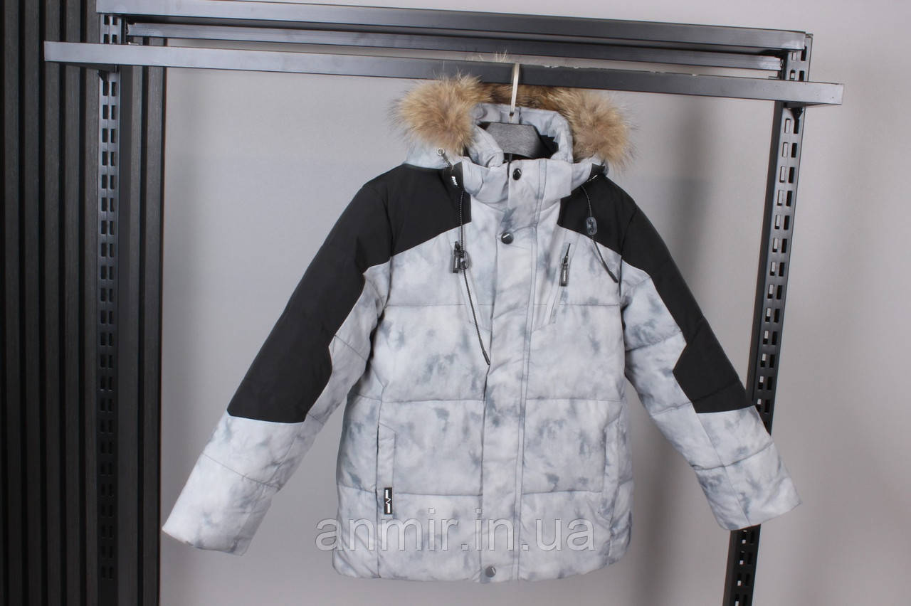 Куртка зимова з хутром стьобана дівчина ПРИНТ для хлопчика 9-13 років, колір світло-сірий, фото 1