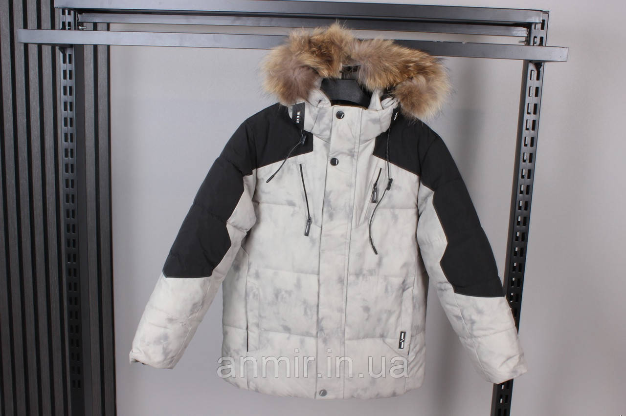 Куртка зимова з хутром стьобана дівчина ПРИНТ для хлопчика 9-13 років, колір молочний, фото 1