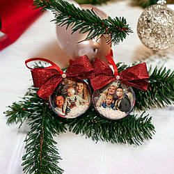 Ялинкова куля з фотографією з двох сторін 8 см з червим бантом