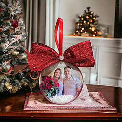 Ялинкова куля з фотографією з двох боків 10 см з червоним бантом