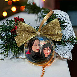 Ялинкова куля з фотографією з двох сторін 10 см з золотим бантом