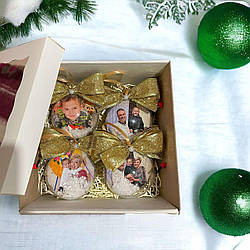 Набір ялинкових куль з фото з двох сторін 10 см з золотим бантом