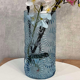 Ваза скляна з фактурним малюнком Ромашки D15*30.5см, колір -блакітний