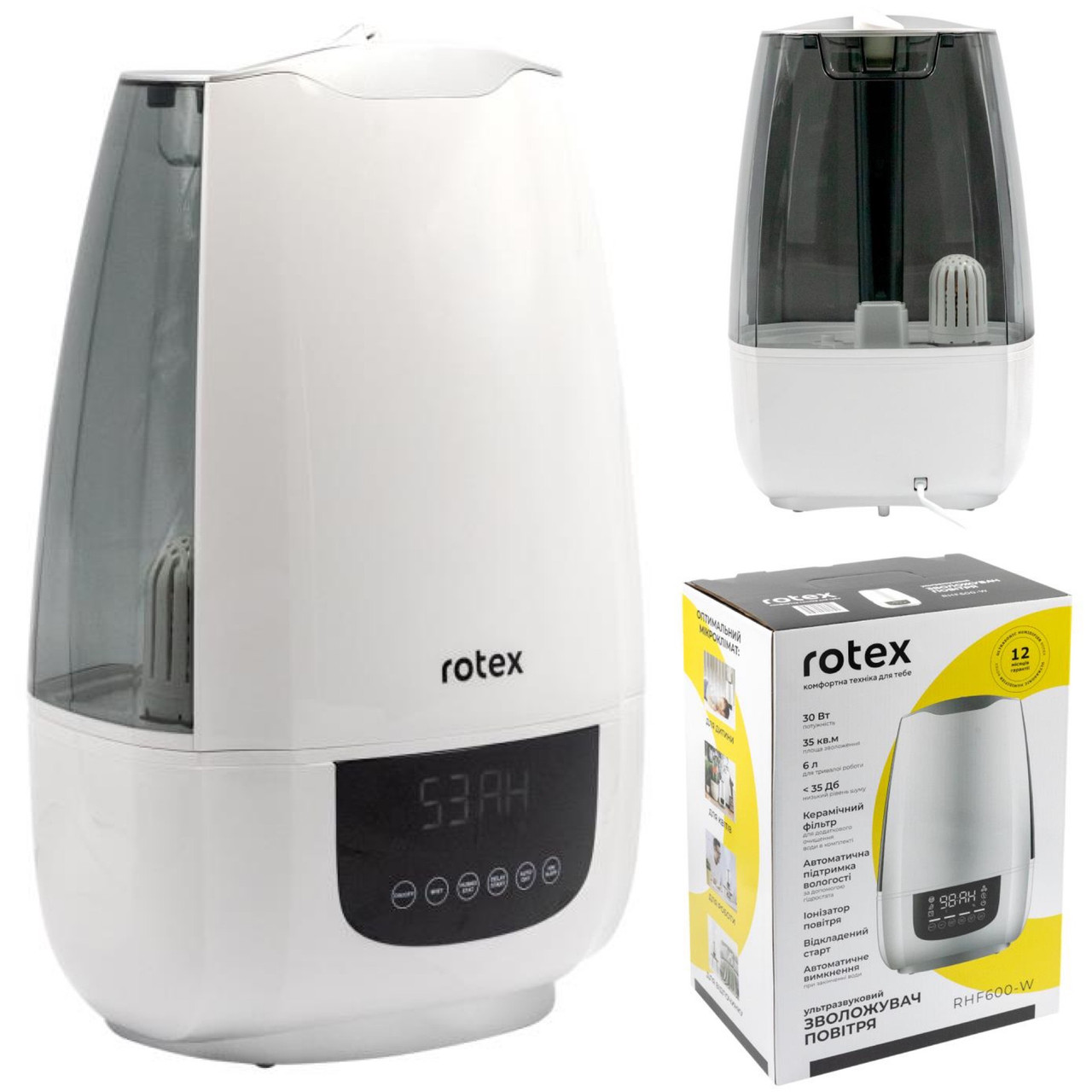 Зволожувач повітря ультразвуковий, 6 л, 30 Вт, сенсорне керування, іонізація, LED-дисплей, таймер, підтримка вологості, фото 1