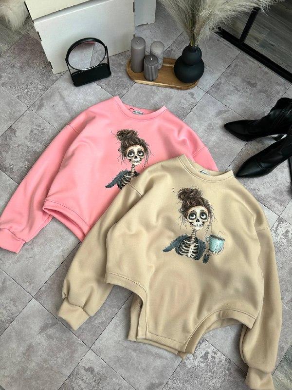 Жіночий світшот ; Колір: бежевий та рожевий ; Розміри: 42-48( oversize), фото 1