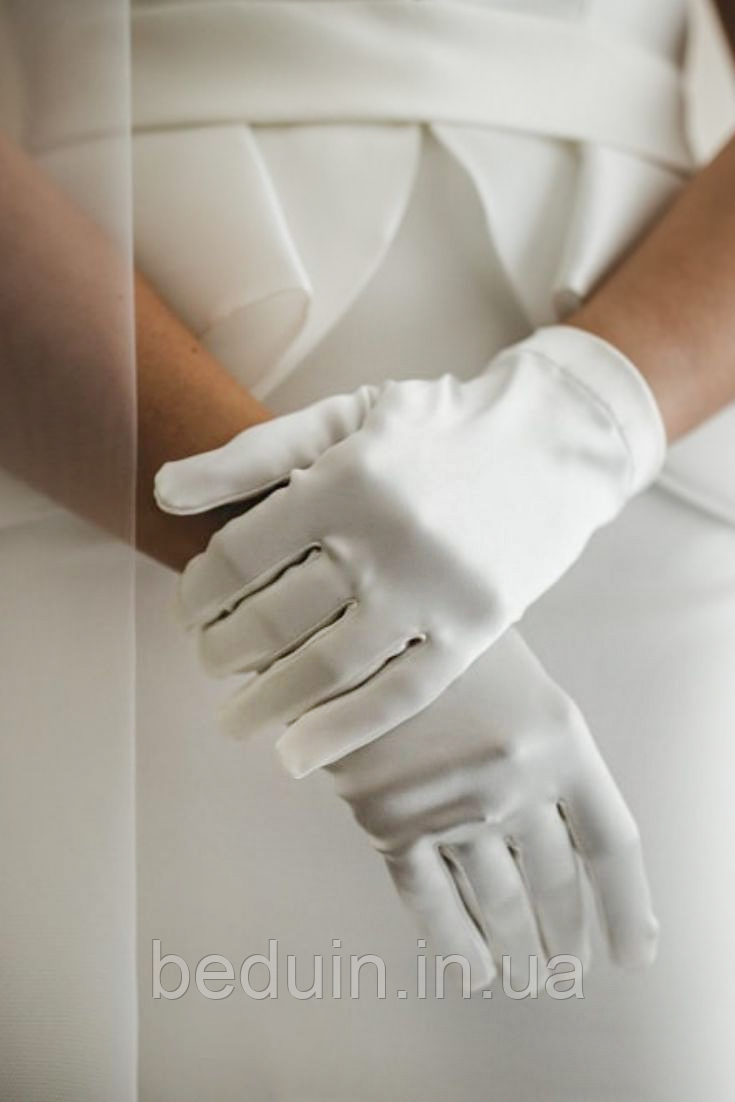Короткі святкові рукавички, молочні айворі, весільні рукавиці сатинові Aushal Jewellery, фото 1