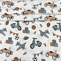 Фланель "Ретро машинки та іграшки" на білому, ширина 240 см № Ф-TH-3552