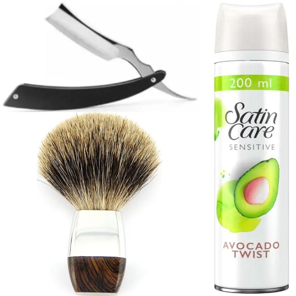 Небезпечна бритва/шавета розкладна Straight Razor + помазок борсук + гель для гоління Gillette Satin Care Gel Avocado 200 мл, фото 1