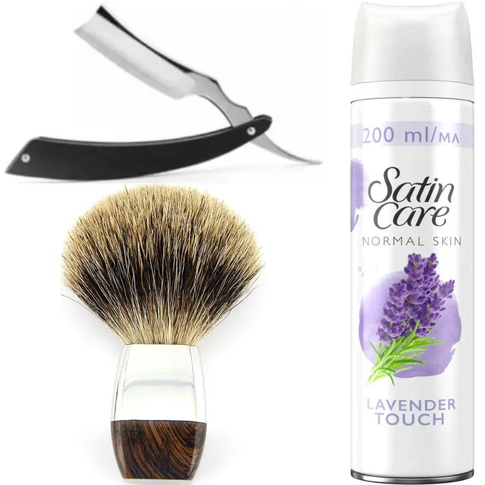 Небезпечна бритва/шавета розкладна Straight Razor + помазок борсук + гель для гоління Gillette Satin Care Gel Lavender 200 мл, фото 1