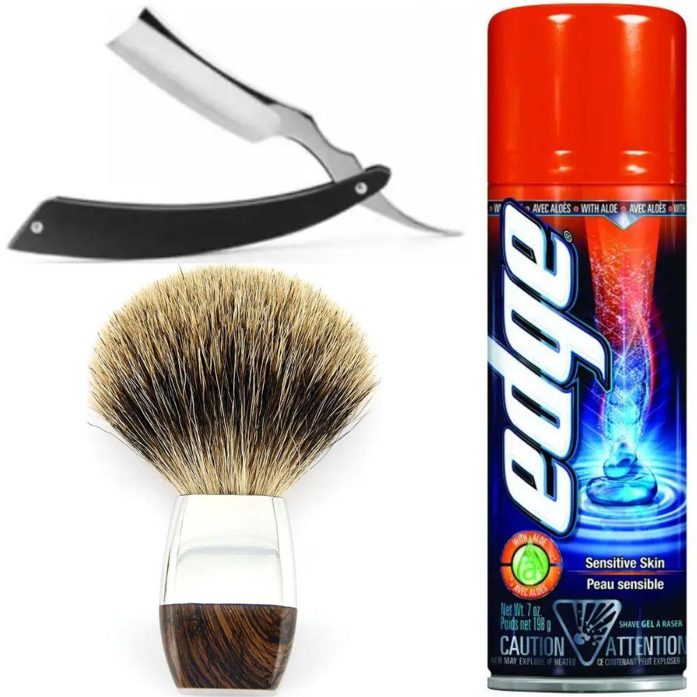 Небезпечна бритва/шавета розкладна Straight Razor + помазок борсук + гель для гоління Wilkinson Sword EDGE Sensitive, фото 1