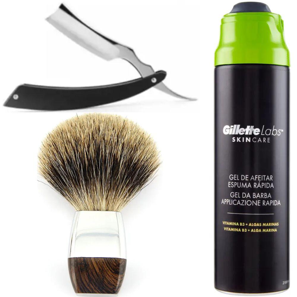 Небезпечна бритва/шавета розкладна Straight Razor + помазок борсук + гель для гоління Gillette Labs Gel 198 мл, фото 1