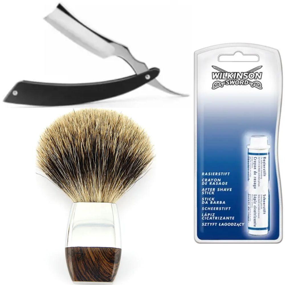 Небезпечна бритва/шавета розкладна Straight Razor + помазок борсук + кровоспинний олівець Wilkinson Sword After Shave Stick, фото 1