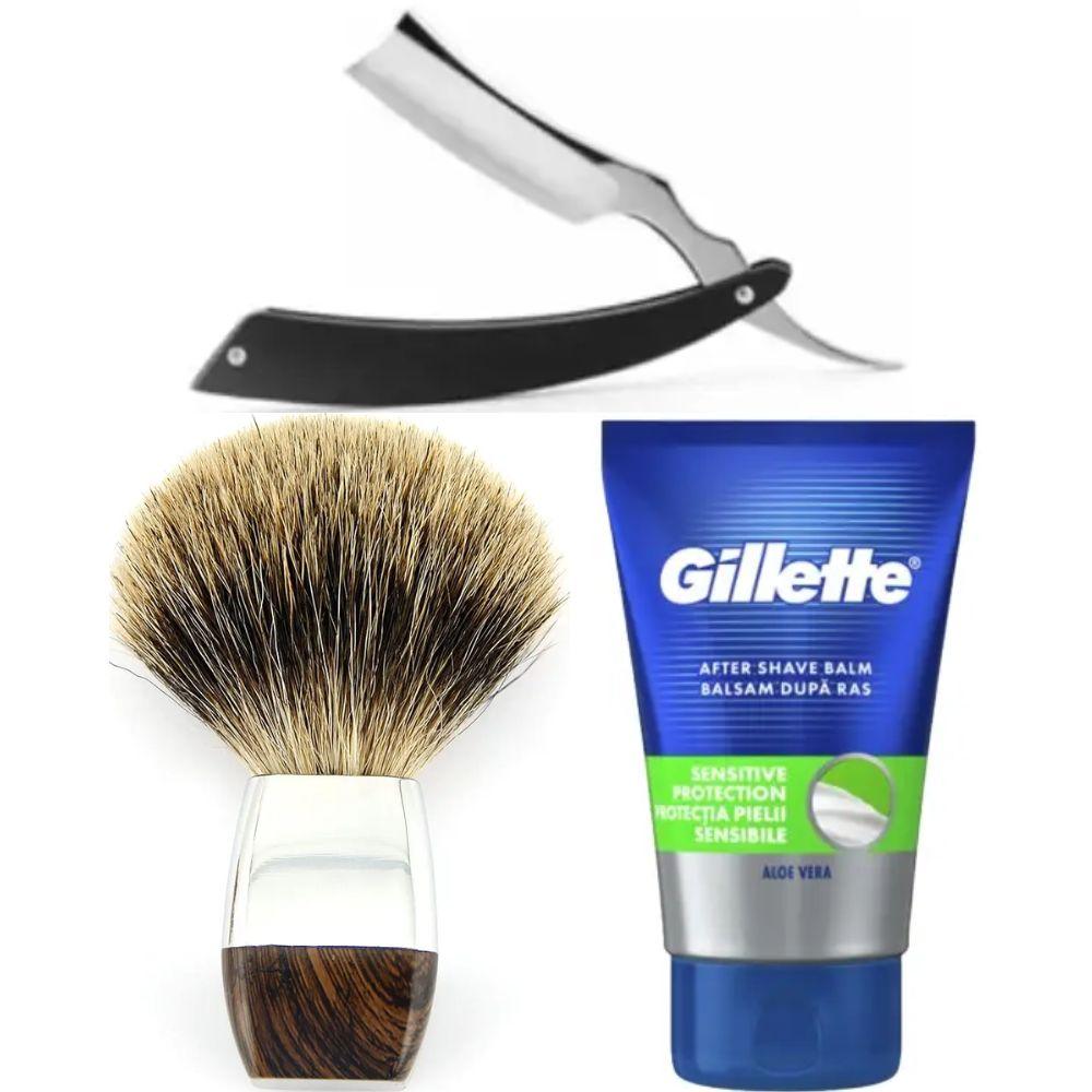 Небезпечна бритва/шавета розкладна Straight Razor + помазок борсук + бальзам після гоління Gillette Sensitive Protection, фото 1