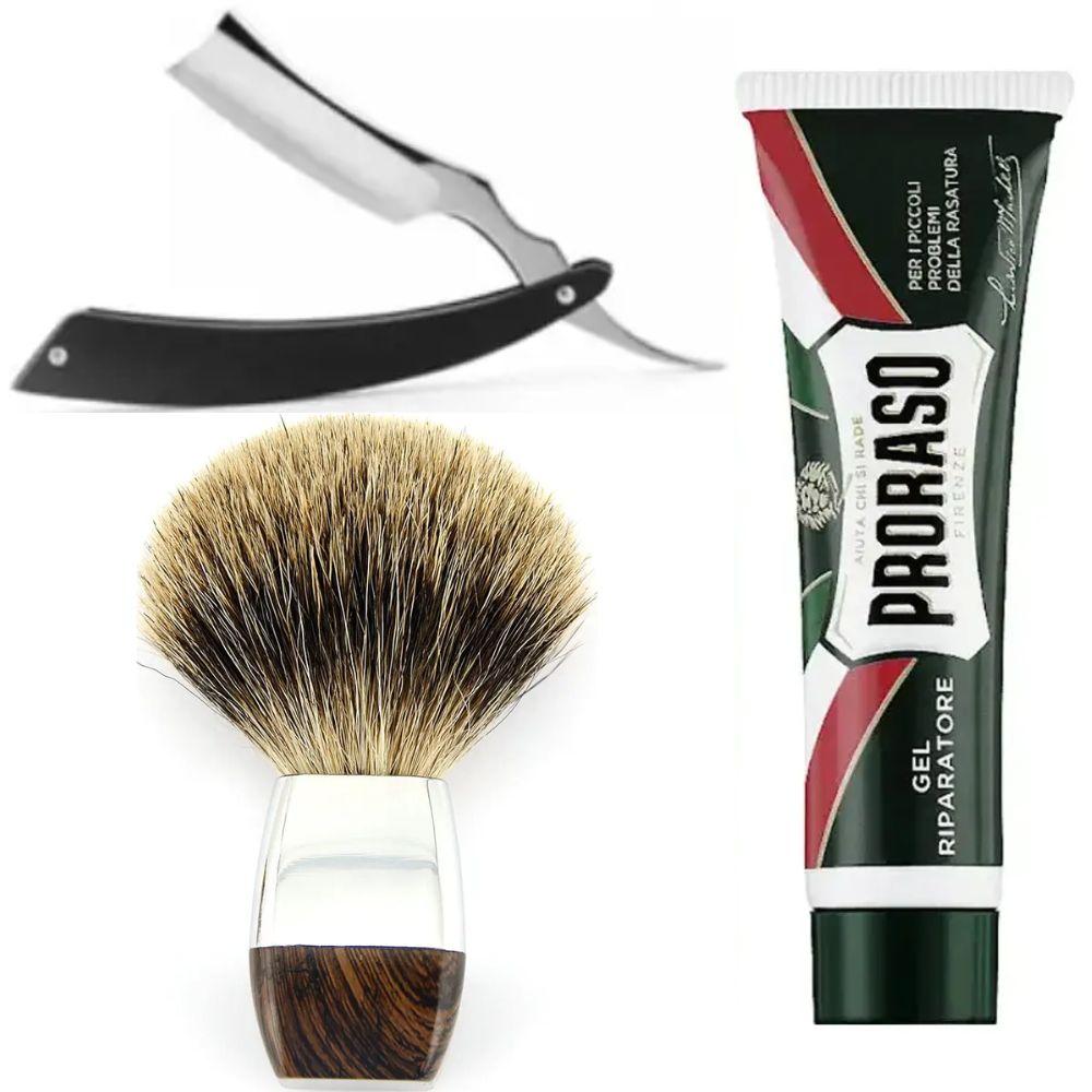 Небезпечна бритва/шавета розкладна Straight Razor + помазок борсук + гель від порізів Proraso Razor Cut Repair Gel, фото 1