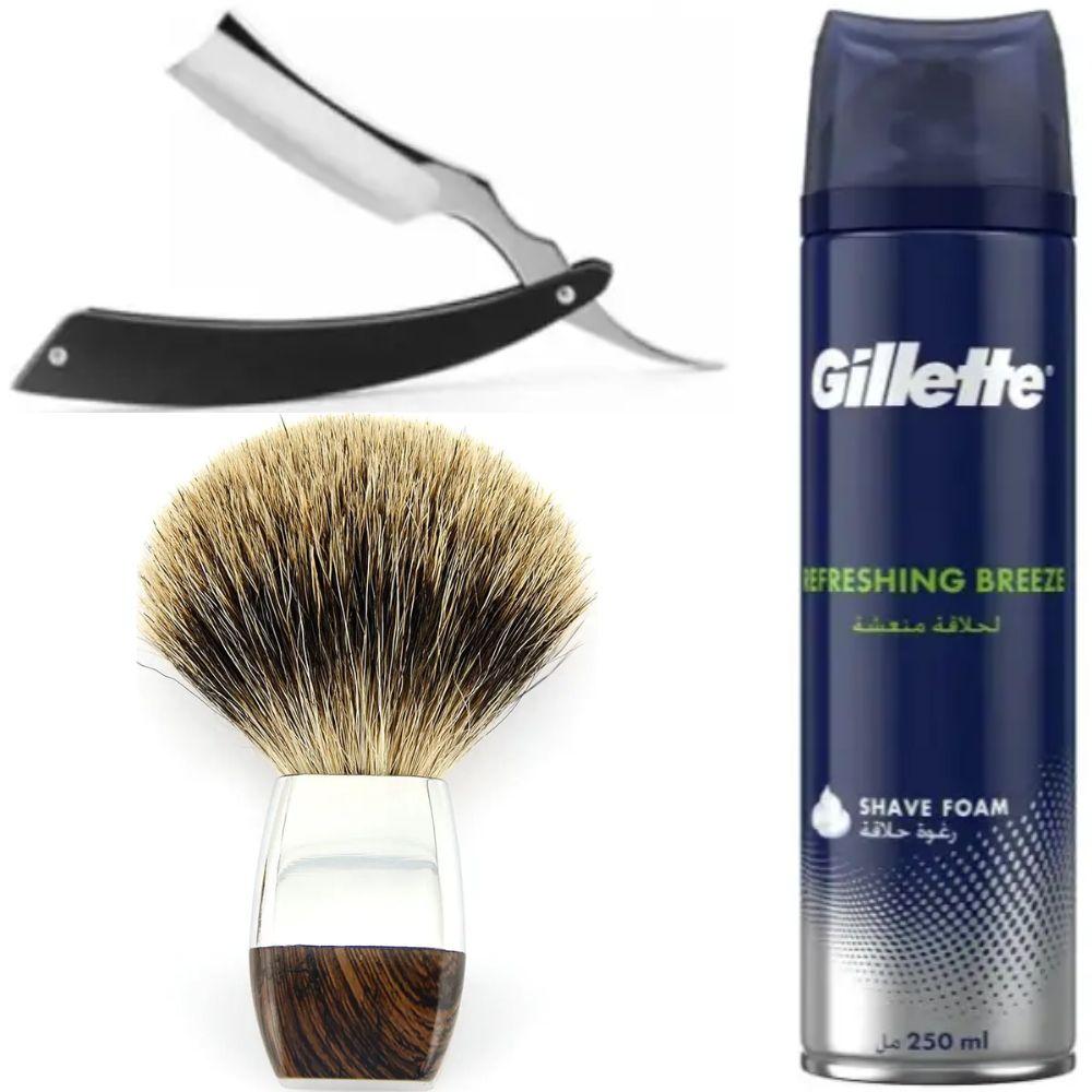 Небезпечна бритва/шавета розкладна Straight Razor + помазок з борсучим ворсом + піна для гоління Gillette Refreshing Breeze 250 мл, фото 1