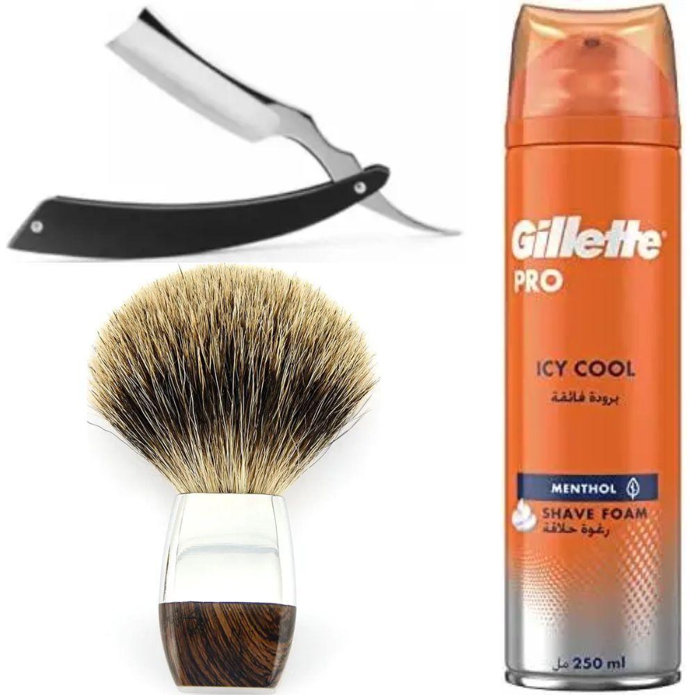 Небезпечна бритва/шавета розкладна Straight Razor + помазок з борсучим ворсом + піна для гоління Gillette Pro Icy Cool з ментолом, фото 1