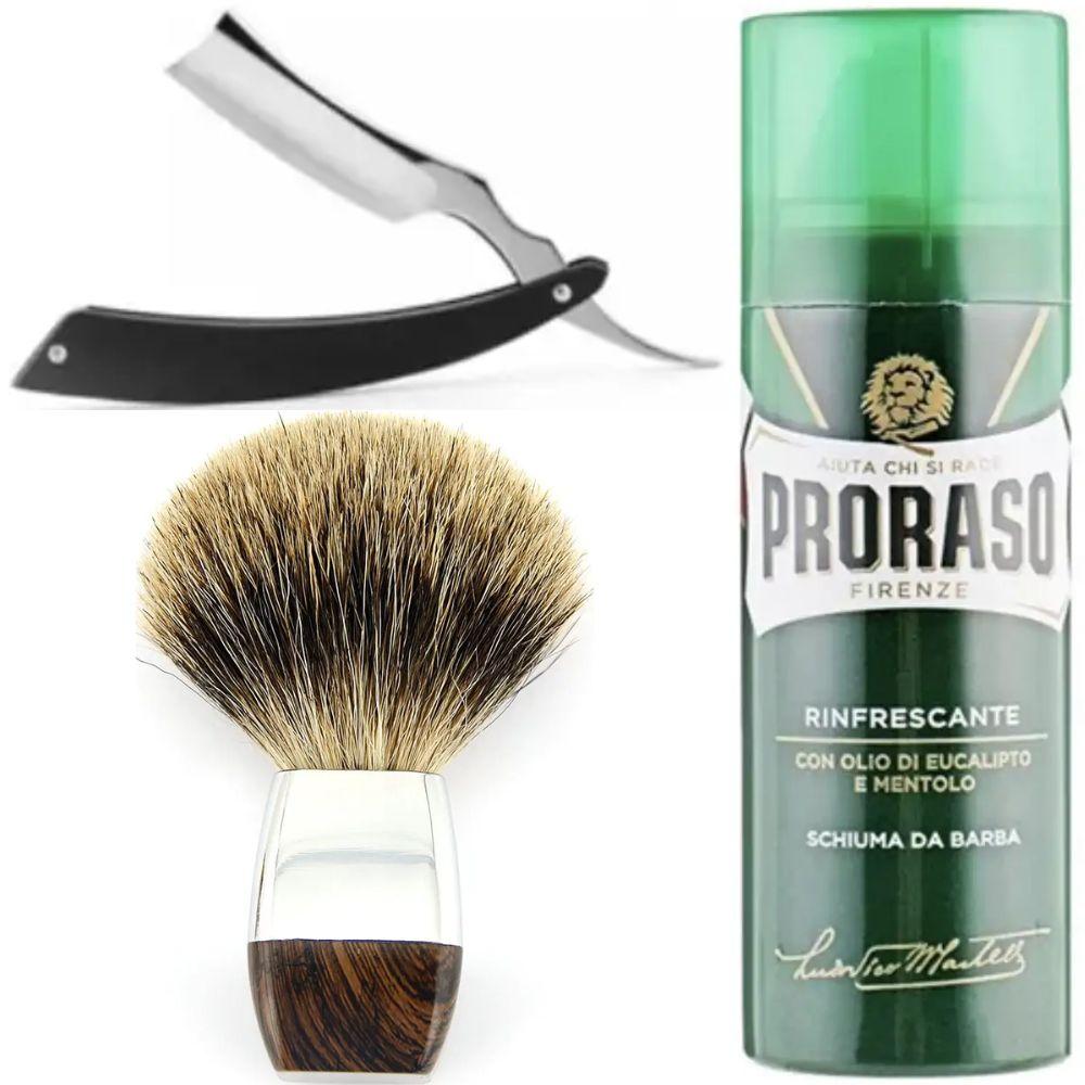Небезпечна бритва/шавета розкладна Straight Razor + помазок борсук + піна для гоління Proraso тонізуюча з евкаліптом і ментолом, фото 1