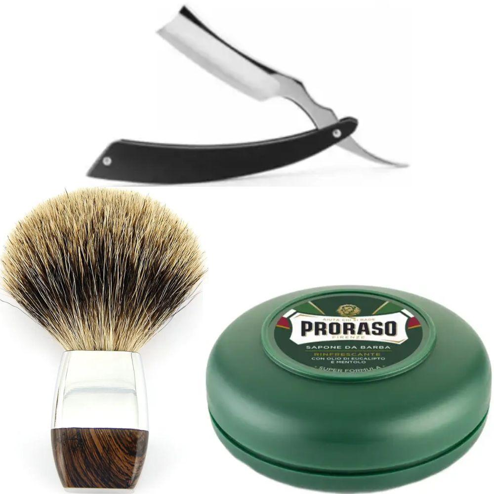 Небезпечна бритва/шавета розкладна Straight Razor + помазок борсук + мило для гоління Proraso Rinfrescante Green Eucalyptus 75 мл, фото 1