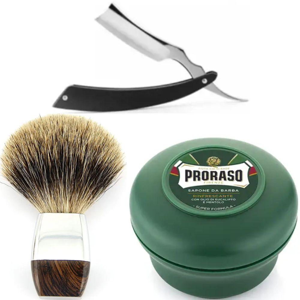 Небезпечна бритва/шавета розкладна Straight Razor + помазок борсук + мило для гоління Proraso Rinfrescante Green Eucalyptus 150 мл, фото 1
