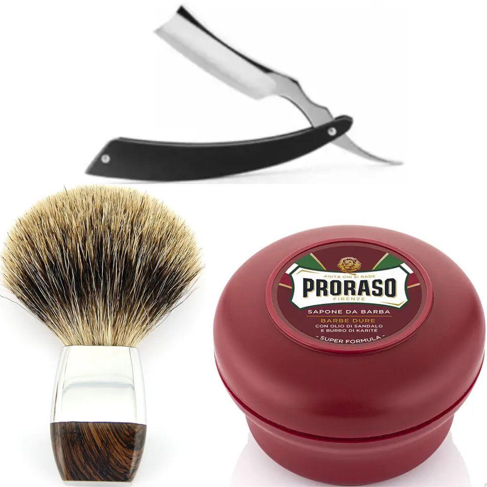 Небезпечна бритва/шавета розкладна Straight Razor + помазок борсук + мило для гоління Proraso для жорсткої щетини з маслом, фото 1