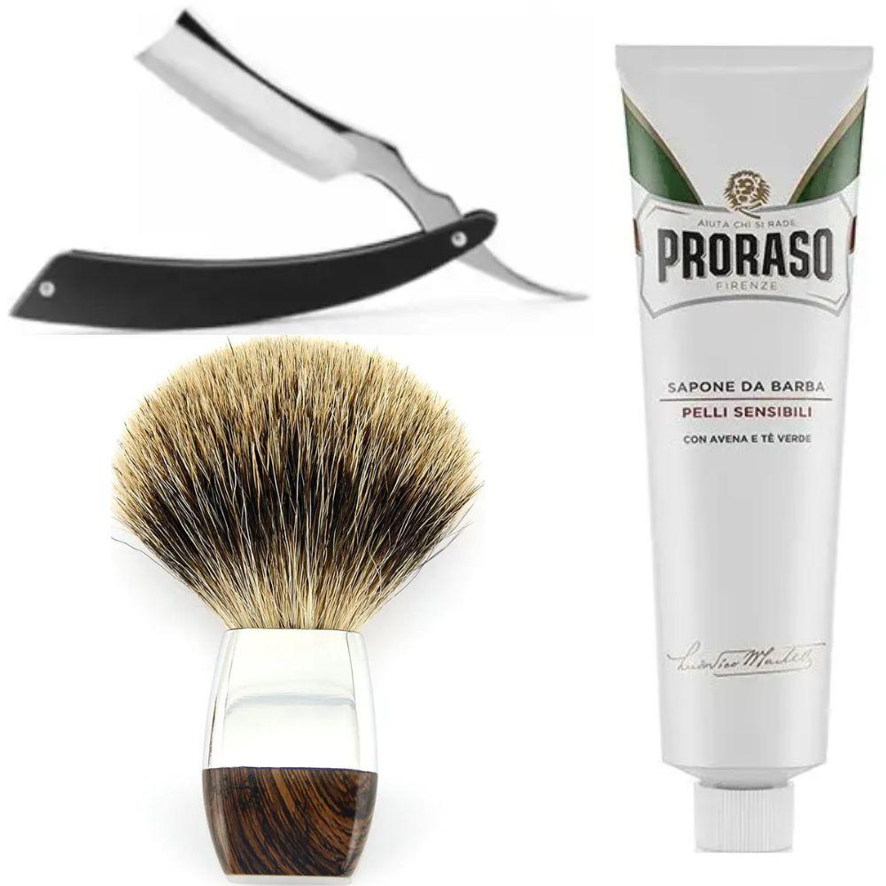 Небезпечна бритва/шавета розкладна Straight Razor + помазок борсук + крем для гоління Proraso для чутливої шкіри, фото 1