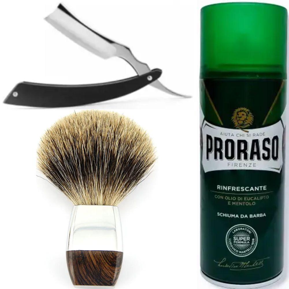 Небезпечна бритва/шавета розкладна Straight Razor + помазок борсук + піна для гоління Proraso тонізуюча з евкаліптом і ментолом, фото 1