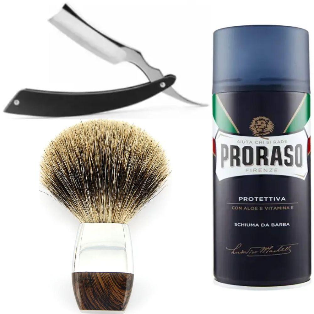 Небезпечна бритва/шавета розкладна Straight Razor + помазок борсук + піна для гоління Proraso з екстрактом алое та вітаміном Е, фото 1