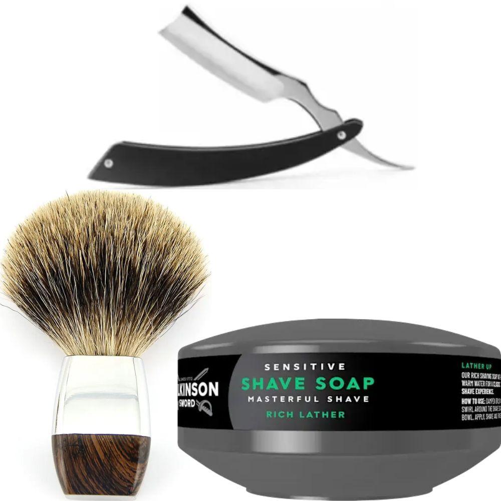 Небезпечна бритва/шавета розкладна Straight Razor + помазок борсук + мило для гоління Wilkinson Sword для чутливої шкіри 125 г, фото 1